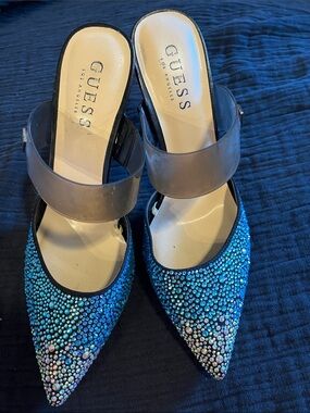 GUESS Blue Crystal Pointed Toe Heels with Clear Strap
